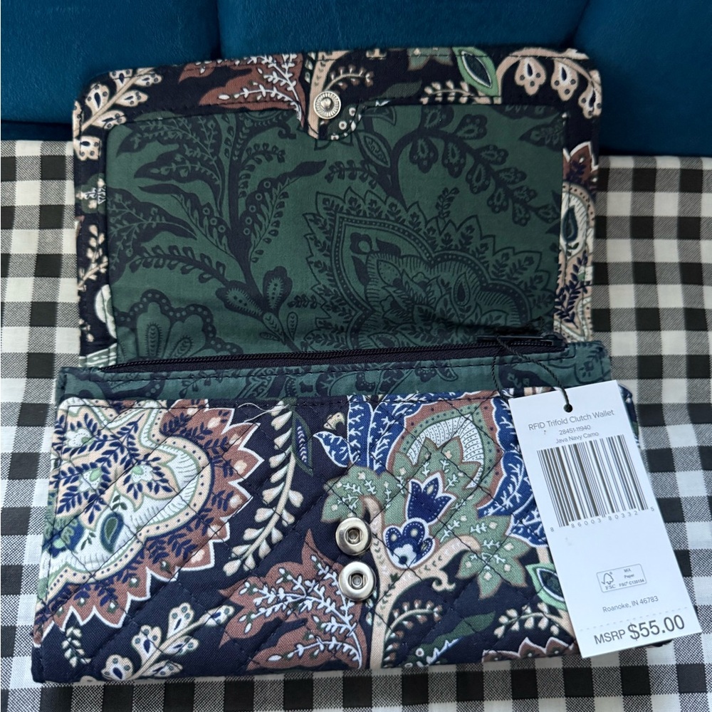 Vera Bradley Navy/Green Multicolored Floral RFID Trifold Clutch Wallet - Picture 3 of 4